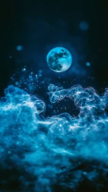 Lunar tide of neon mist rising beneath a glowing blue moon.