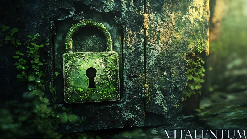 Moss-covered padlock on weathered stone surface outdoors.