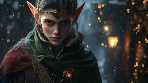 Focused elf adventurer in snowy lantern lit fantasy street.