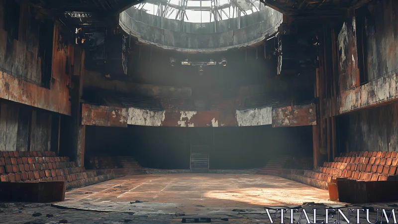 Abandoned circular theater interior with decayed seating.