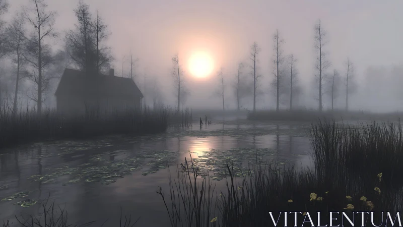 Foggy lakeside cabin bathed in soft, eerie sunrise light.