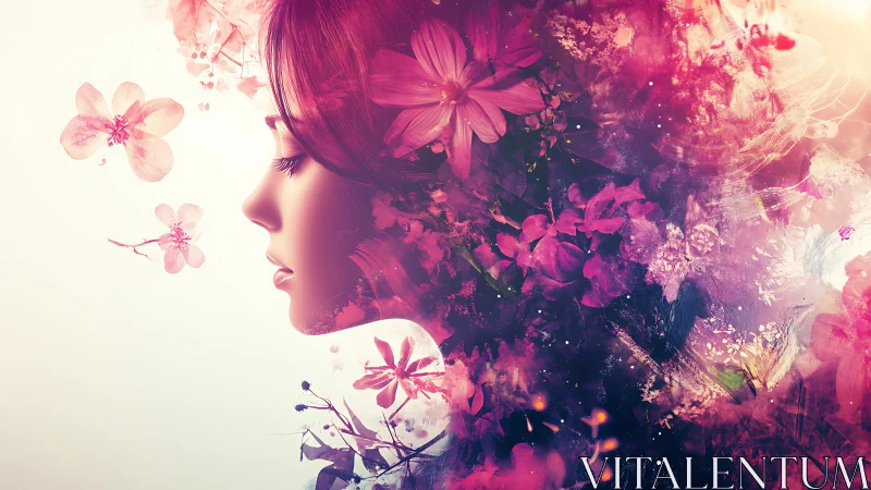 Profile of woman blended with vivid abstract floral textures