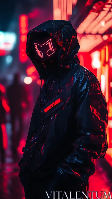 Hooded figure in neon city with glowing mask at night.
