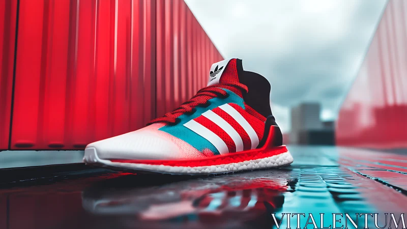 Red and white sneaker rests on reflective urban walkway