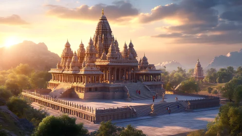 Sunlit stone temple rises above lush valley at golden hour.