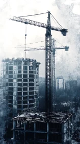 High-rise crane lattice over reinforced concrete framework skyline.