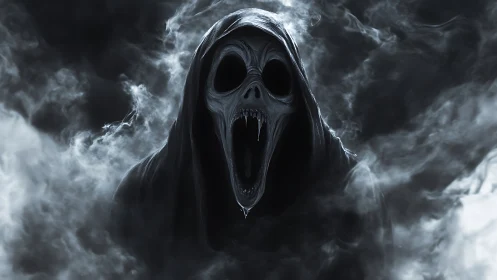 Spectral wraith with skeletal visage emerging from dense fog