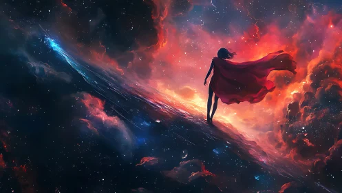 Cosmic wanderer stands on a glowing nebula horizon.