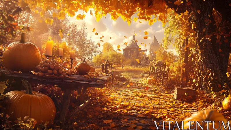 Golden autumn feast path glows toward distant castle