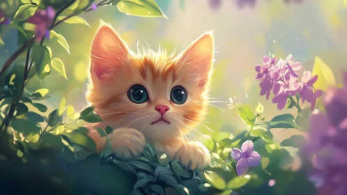 Ginger Kitten Nestled Among Vibrant Garden Flowers.