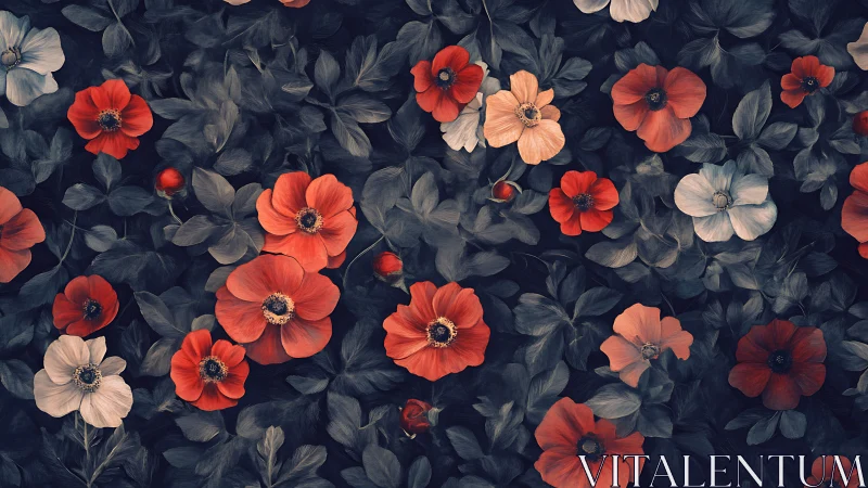 Red and cream poppies displayed against dark foliage background arrangement.