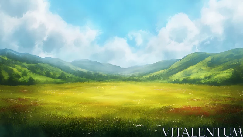 Sunlit valley meadow opens under bright blue summer sky