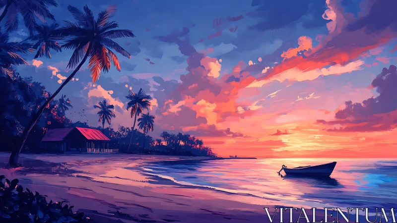 Tropical shoreline sunset with moored boat and vivid clouds.