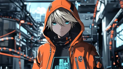 Cybernetic street operative in orange techwear hoodie, neon grid