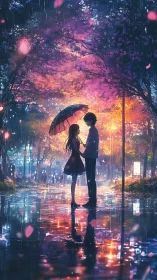 Rain-soaked twilight romance under luminous cherry blossoms.