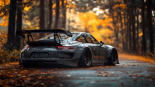 Track-hungry Porsche prowls through ember-lit autumn forest.