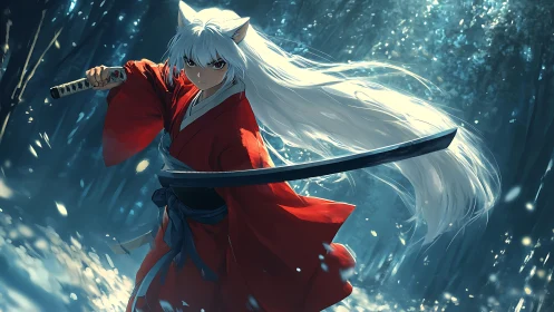 Silver-haired anime swordsman holds katana in glowing forest