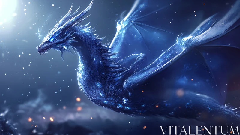 Luminous ice dragon soaring through ethereal moonlit sky.