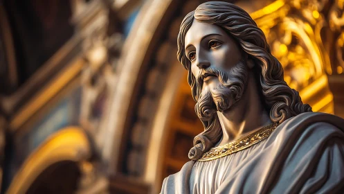 Sacred marble figure glows softly in golden cathedral light