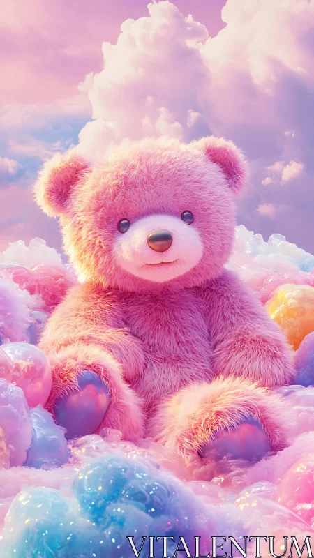 Cotton-candy teddy sails through clouds of pastel bubbles