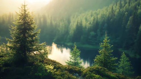 Misty Mountain Lake Surrounded by Dense Evergreen Forests