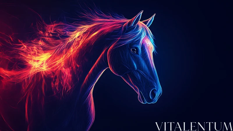 Neon blue horse profile with fiery red flowing mane art
