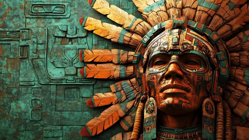 Digital painting of Aztec-inspired mask relief with feathered headdress.