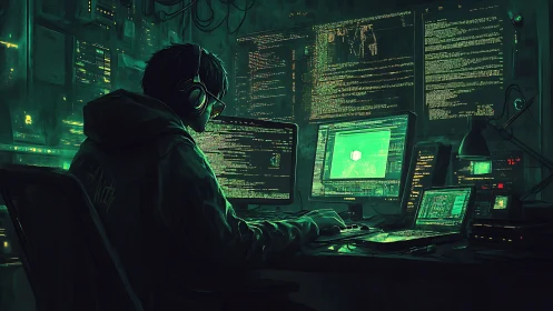 Midnight code sorcerer in neon hacker command cathedral.