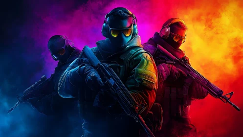Vibrant tactical squad poised in bold neon battlefield glow.