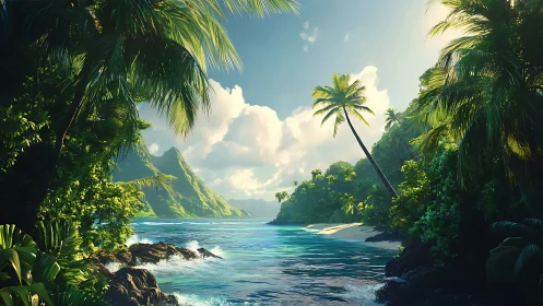 Tropical Cove with Palm Trees and Mountain Vista.
