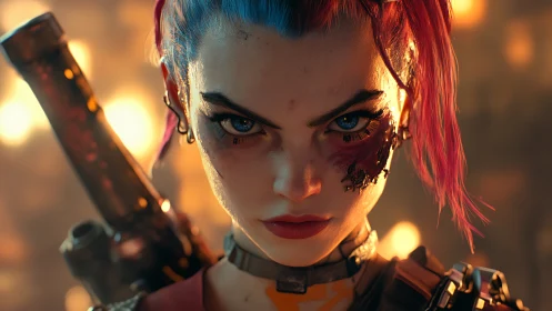 Cyberpunk warrior portrait with bicolor hair and scarred gaze.