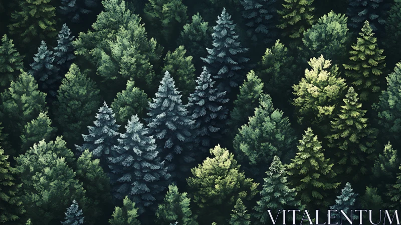 Lush Evergreen Forest Aerial View in Digital Art Style.