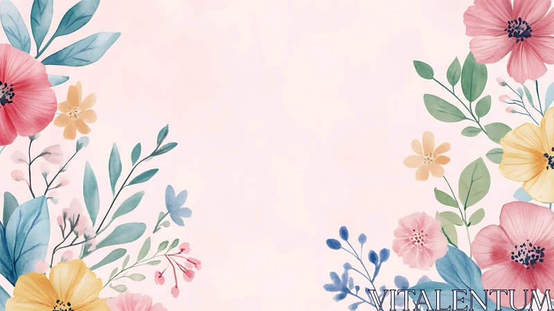 Watercolor Bloom Symphony: Pink and Gold Florals on Serene Canvas