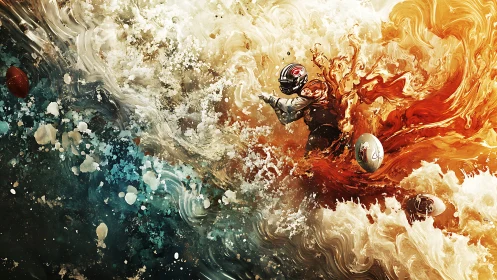 Digital football runner charges through swirling fire and water