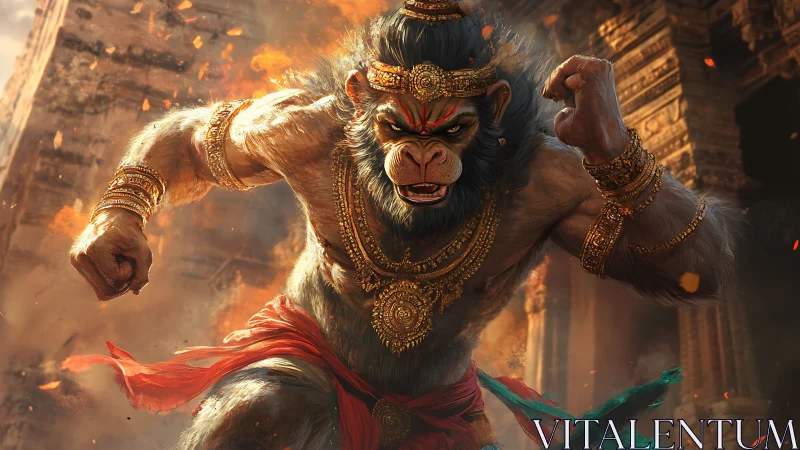 Mythic warrior monkey charges through blazing temple ruins.