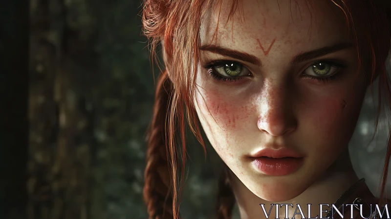Freckled red haired warrior girl with intense green gaze.