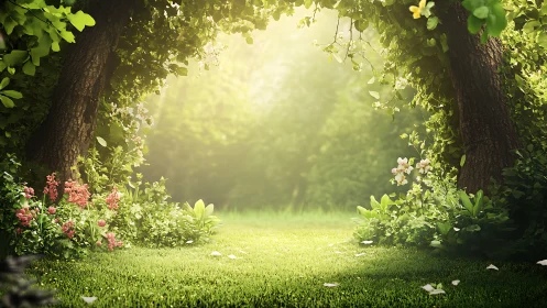 Garden pathway beneath mature trees with filtered light and flowering borders.