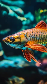 Vibrant golden fish glides through teal underwater depths.