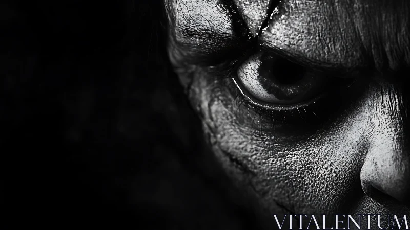 Close-up horror portrait shows cracked, scarred human face