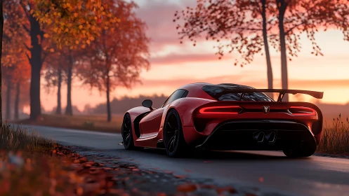 Crimson supercar glides through a peaceful autumn sunset lane