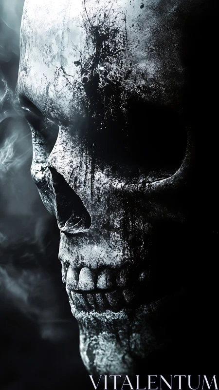 Cracked silver skull leans from shadow, exhaling ghost smoke