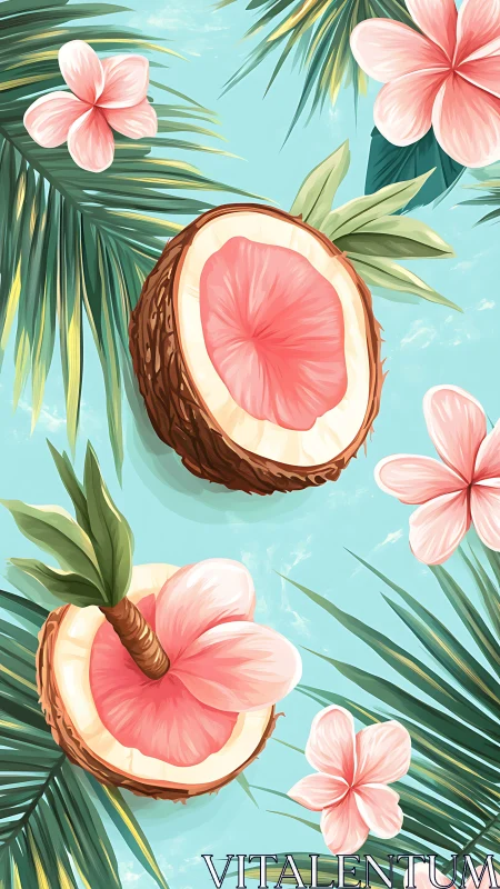 Tropical coconuts and pink flowers on bright blue background.