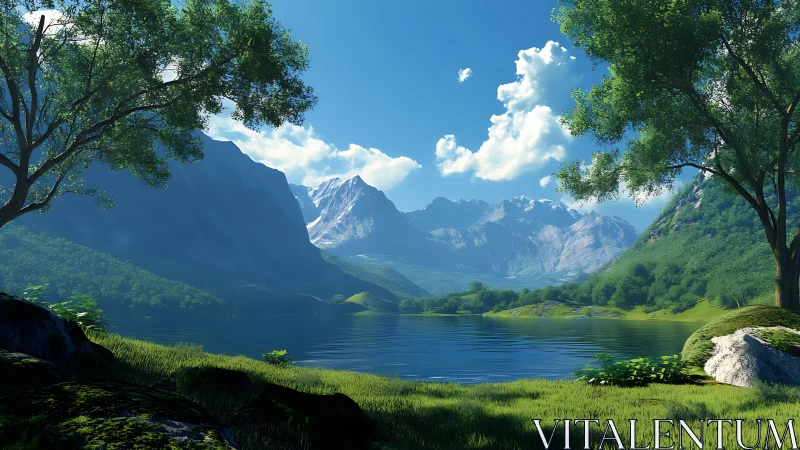 Procedural alpine valley lake with atmospheric depth cues.