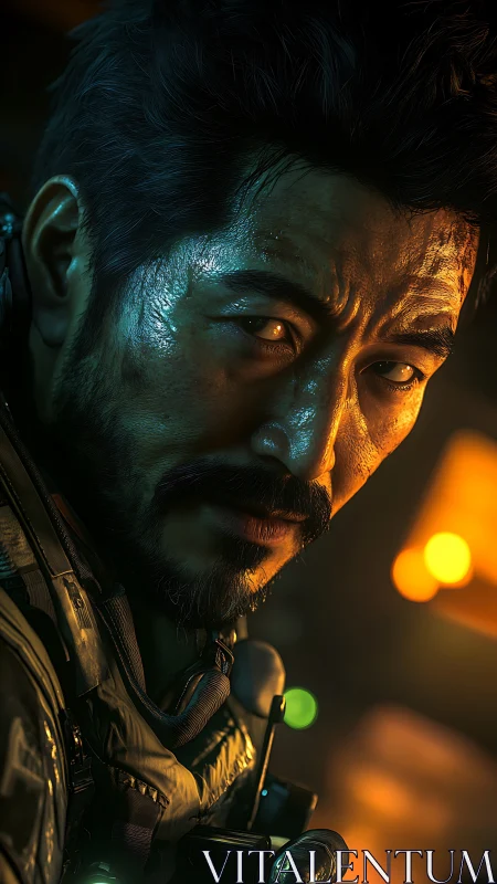 Close-up digital portrait of tactical male character at night.