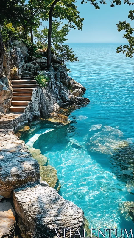 Rock shoreline with stone steps descending into clear water