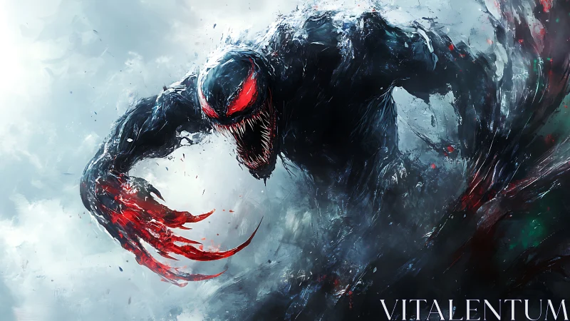 Symbiotic creature lunging through icy smoke with red claws