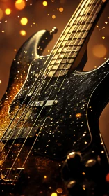 Glittering electric bass guitar amid golden bokeh sparks.