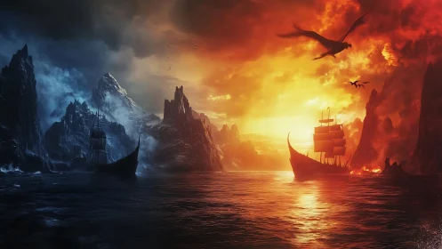 Dragons Over Twin Seas of Fire and Shadow at Dusk.