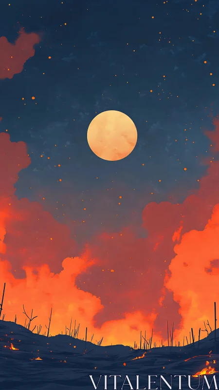 Apocalyptic Landscape Beneath Glowing Orange Moon.