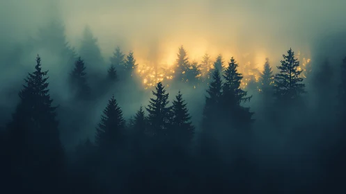 Misty Forest Sunrise Behind Coniferous Trees.